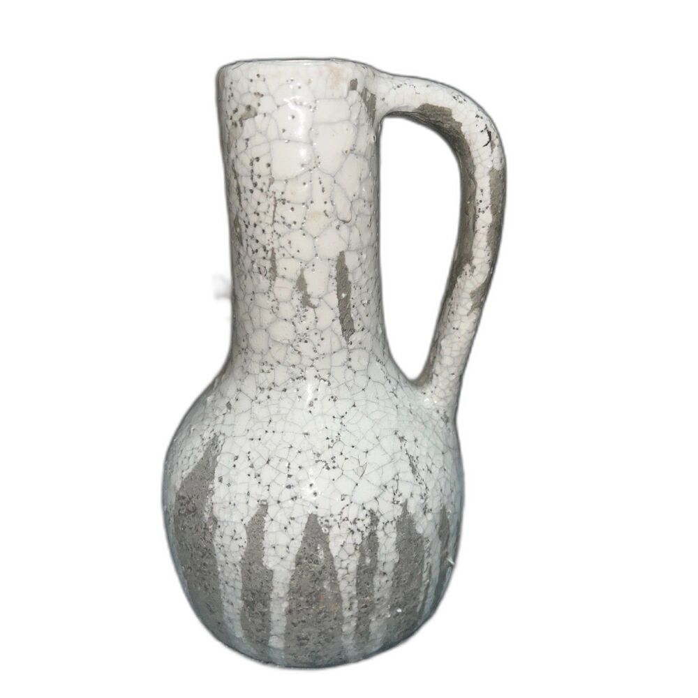 Gray and White Crackled Drip Pottery Mid Century Modern Handle Vase Farmhouse - Picture 4 of 7
